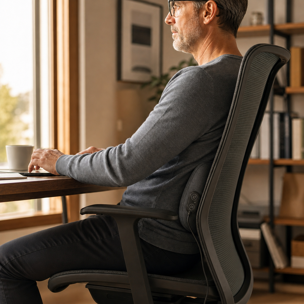 Man using Velora Relief while working at his desk, pillow positioned against the chair back